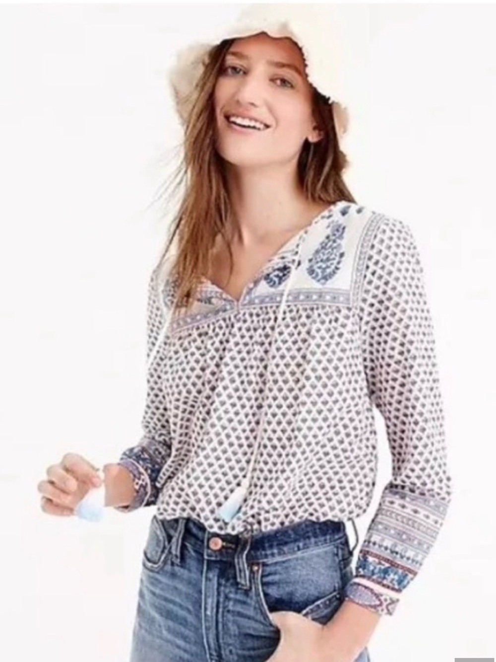 J. Crew White Cotton Printed Peasant Blouse with Blue Accents